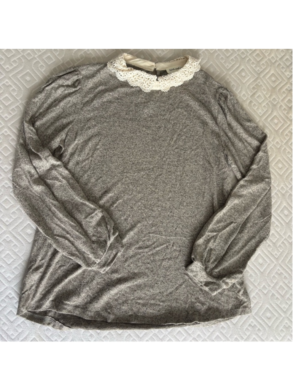 Faith and Joy Gray Long Sleeve Top with Lace Collar